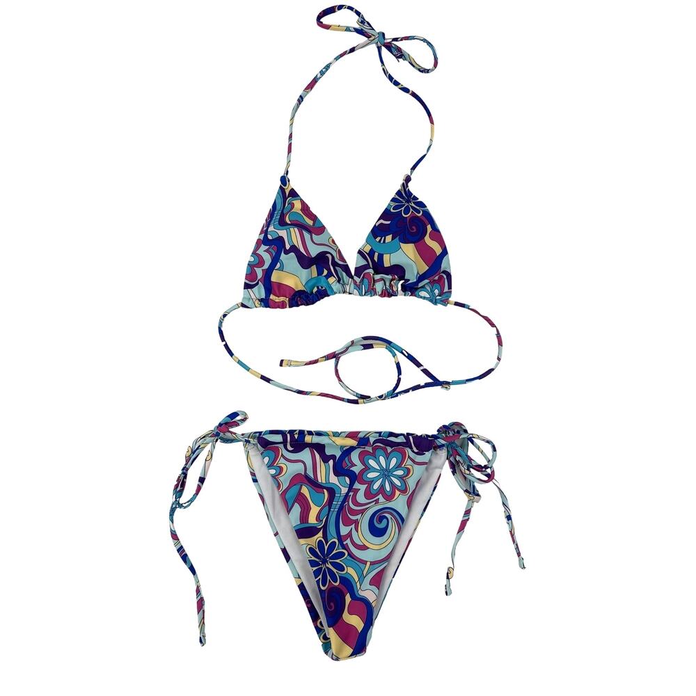 Unknown Brand - Triangle Halter Bikini Top & Tie Side Bottoms in Blue